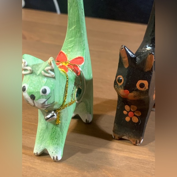 Handpainted Cat Ring Figurines Wood Long Tall Kitties Mexico Set Lot 2 NWT - Picture 16 of 16